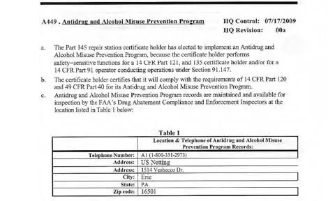 FAA Certified Drug Plan US Netting