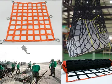 Industrial cargo netting in various configurations including orange safety net, helicopter lifting cargo net, crew working with heavy-duty net on a dock, and rolled up storage net.
