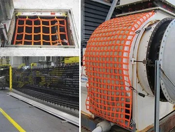 Collage of industrial netting processes: close-up of an orange safety net, black mesh production on a large machine with yellow safety barriers, and an orange net wrapped around cylindrical machinery equipment.