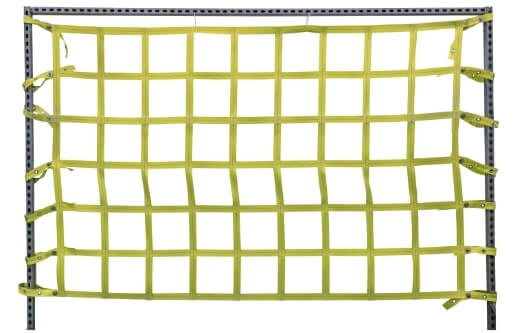 A yellow web netting safety barrier with a white background