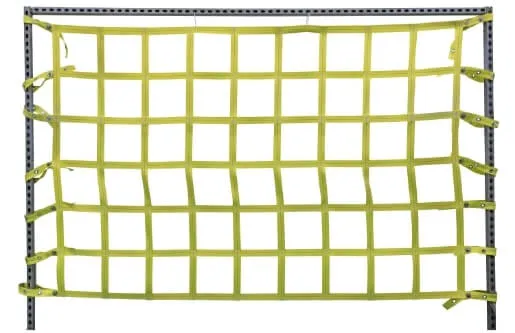 A yellow web netting safety barrier with a white background