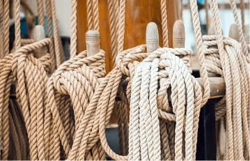 Several coiled ropes secured around wooden pegs or bollards, possibly on a ship or boat.
