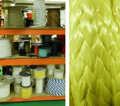 Left: Shelves stocked with various rope spools in a store; Right: Close-up of braided yellow rope texture.